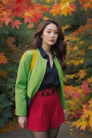 The image features a woman standing amidst a vibrant display of autumn foliage. She is dressed in a bright green jacket, which contrasts with the red and yellow leaves surrounding her. Her hair is styled in loose waves that fall over her shoulders. A black belt cinches her jacket at the waist, adding a touch of elegance to her outfit.
,photorealistic:1.3, best quality, masterpiece,MikieHara