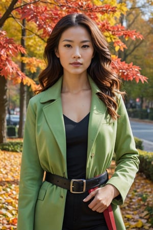 The image features a woman standing amidst a vibrant display of autumn foliage. She is dressed in a bright green jacket, which contrasts with the red and yellow leaves surrounding her. Her hair is styled in loose waves that fall over her shoulders. A black belt cinches her jacket at the waist, adding a touch of elegance to her outfit.
,photorealistic:1.3, best quality, masterpiece,MikieHara