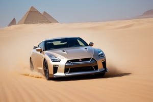 Render a Nissan GTR traversing the Egyptian desert. Visualize a dynamic, high-resolution image that showcases the latest model cutting through the vast, sun-soaked sands. Details like the dust being kicked up behind the wheels, the reflections of the sun on the sleek, detailed bodywork, and the vehicle confidently handling the rugged terrain should all be captured, embodying the essence of adventure and the cutting-edge capabilities of the vehicle in such a challenging environment. The background should feature the iconic dunes and perhaps distant pyramids or a mirage, to firmly set this scene in the legendary Egyptian landscape.
