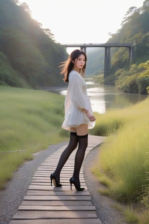 Picture an enchanting Japanese girl with a gentle demeanor walking upon a verdant meadow, her steps light and carefree. The backdrop to this serene scene is a meandering river that reflects the hues of the sky above. Spanning the river behind her is a classic Japanese railway bridge, its sturdy structure crafted with traditional architectural elegance. The peaceful rumble of a distant train crossing aligns harmoniously with the natural setting. The morning sun illuminates the scene, casting a spell of early daylight serenity and enhancing the girl's youthful beauty with a soft radiance. Wearing black stockings and high heels 