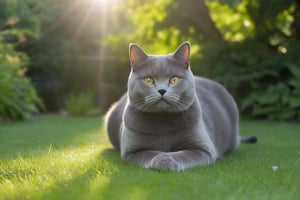 a robust and joyful British Shorthair cat engaged in playful antics in an outdoor setting. Its dense, blue-gray coat shines in the sunlight, and its round, amber eyes sparkle with delight. The cat's demeanor is one of pure contentment as it frolics among a garden bursting with vibrant flowers and lush greenery. The backdrop features a well-manicured lawn, dotted with patches of sunlight filtering through the canopy of a nearby tree, under which the cat takes occasional blissful pauses.