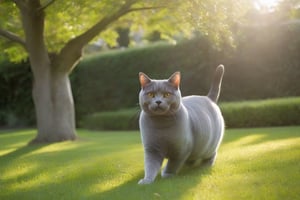 a robust and joyful British Shorthair cat engaged in playful antics in an outdoor setting. Its dense, blue-gray coat shines in the sunlight, and its round, amber eyes sparkle with delight. The cat's demeanor is one of pure contentment as it frolics among a garden bursting with vibrant flowers and lush greenery. The backdrop features a well-manicured lawn, dotted with patches of sunlight filtering through the canopy of a nearby tree, under which the cat takes occasional blissful pauses.