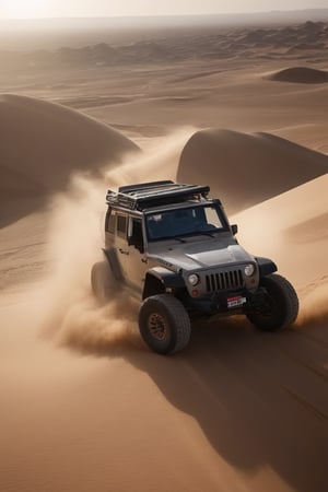 Render a striking and vivid depiction of a modern four-wheel drive off-road vehicle traversing the Egyptian desert. Visualize a dynamic, high-resolution image that showcases the latest model cutting through the vast, sun-soaked sands. Details like the dust being kicked up behind the wheels, the reflections of the sun on the sleek, detailed bodywork, and the vehicle confidently handling the rugged terrain should all be captured, embodying the essence of adventure and the cutting-edge capabilities of the vehicle in such a challenging environment. The background should feature the iconic dunes and perhaps distant pyramids or a mirage, to firmly set this scene in the legendary Egyptian landscape.