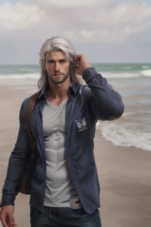 (Masterpiece, highest quality),high_resolution,real, realistic, reality, male,men, handsome ,outdoors, look_at_the_viewer,basic_background, ,man, white hair , long hair,white facial hair