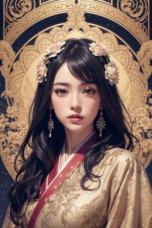 Masterpieces, Best Quality, Official Art, Aesthetics, 1girl, Taiwanese girl, kimono, detailed background, isometric, art nouveau, flower, rose, fractal art, realhands, AI_Misaki, (zentangle, mandala, tangle, tangle), (psychedelic, flower, tapestry, Ethereal), holy light, gold leaf, gold leaf art, glitter painting, black,Detailedface
