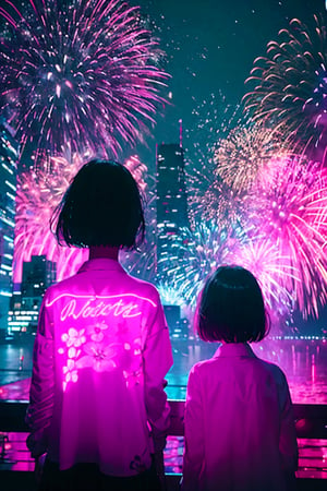 short hair, multiple girls, shirt, black hair, 2girls, flower, outdoors, sky, from behind, petals, night, plant, building, night sky, scenery, pink flower, city, facing away, fireworks,	 SILHOUETTE LIGHT PARTICLES,neon background