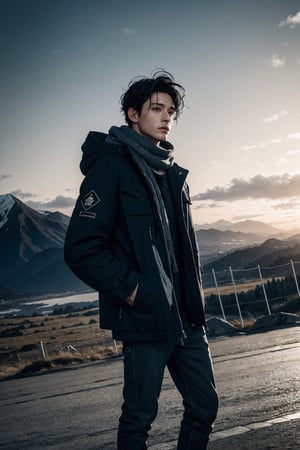 solo, black hair, 1boy, standing, jacket, male focus, outdoors, sky, pants, cloud, hood, scarf, coat, hood down, scenery, snow, sunset, mountain, hands in pockets, fence