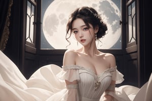 masterpiece, 8k, 1 girl - key lighting, front view,  dress, detailed face, off shoulder, heart hand, dynamic move, windows, moon