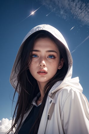 1girl, solo, long hair, looking at viewer, blue eyes, black hair, jacket, upper body, sky, hood, lips, star \(sky\), freckles, realistic, nose