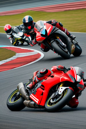 "Generate an artistic representation of three motorcycles racing at high speed on a Super Bike circuit. The motorcycles should be located on a sharp curve of the track, all leaning almost touching the ground at an extreme angle. Capture the excitement and adrenaline of the competition as the motorcycles glide with grace and speed through the curve.", darkness, realistic photography, great details, ducati motos

