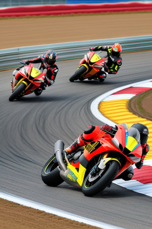 "Generate an artistic representation of three motorcycles racing at high speed on a Super Bike circuit. The motorcycles should be located on a sharp curve of the track, all leaning almost touching the ground at an extreme angle. Capture the excitement and adrenaline of the competition as the motorcycles glide with grace and speed through the curve."
