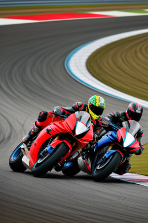 "Generate an artistic representation of three motorcycles racing at high speed on a Super Bike circuit. The motorcycles should be located on a sharp curve of the track, all leaning almost touching the ground at an extreme angle. Capture the excitement and adrenaline of the competition as the motorcycles glide with grace and speed through the curve.", darkness, realistic photography, great details
