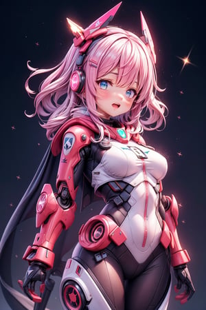 Best picture quality, high resolution, 8k, realistic, sharp focus, realistic image of elegant lady, Korean beauty, fashion model, beautiful face, cute, futuristic head gear, futuristic AI VR glasses, happy smile, pure white pink hair, blue eyes, wearing high-tech cyberpunk style red Batgirl suit, radiant Glow, sparkling suit, mecha, perfectly customized high-tech suit, fire theme, custom design, 1 girl,swordup, looking at viewer,alluring_lolita_girl