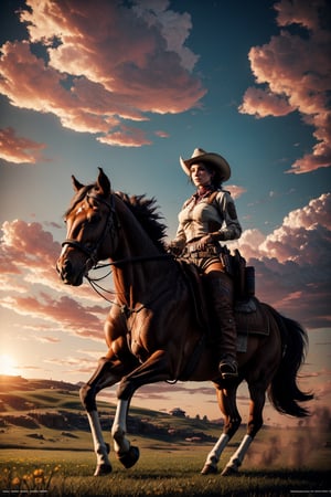 a visual stunning photo of a female cowboy riding a horse on hind legs on the prairie , centered, key visual, intricate, highly detailed, breathtaking beauty, precise lineart, vibrant, comprehensive cinematic, best best quality, ultra sharp focus, volumetric atmosphere, sunset, borderlands