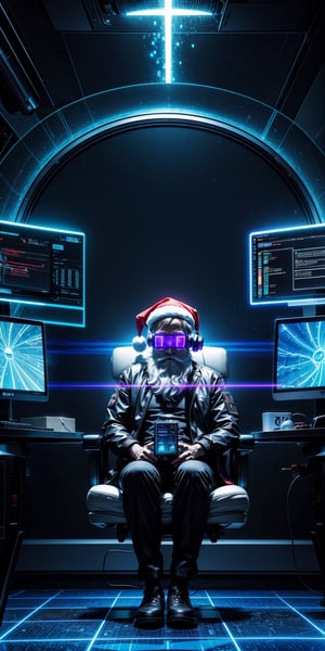 futuristic computer user interface, intense hacker Santa Claus sitting in front his hologram computer, floating infographic hologram, glowing holographic neural network, data network flowing, bokeh, bloom, bioluminescentdynamic pose,sci-fi goggles, earphone
, Sony Alpha ILCE α6400 + 35mm STM Lens, hyperrealistic photography, wide shot, , style of unsplash and National Geographic,Movie Still,EpicSky,cyberpunk style,neon photography style