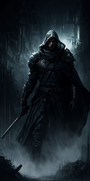 1 man,A portrait of brutal warrior in void armor, legendary void warrior, ghost, torn cloak, ghost town, extremely brutal epic composition, digital art, dramatic light, gloomy, highly detailed, in the style of romanticism, cinematic, artstation, absurdres, high quality, unforgettable,cyberpunk