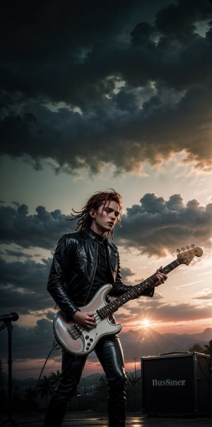 photographic cinematic super super high detailed super realistic image, 4k HDR high quality image, masterpiece,8k , photorealistic,
1 man,red_hair/red_eyes,dreadlocks, black leather pants,black leather jacke,((Play the Bass Guitar)),dynamic pose,golden rays, embers of memories, colorful, glitter, (wide angle lens)
(outdoor concert),concert stage,midnight,cowboy shot,overlook view, front view, punk fashion