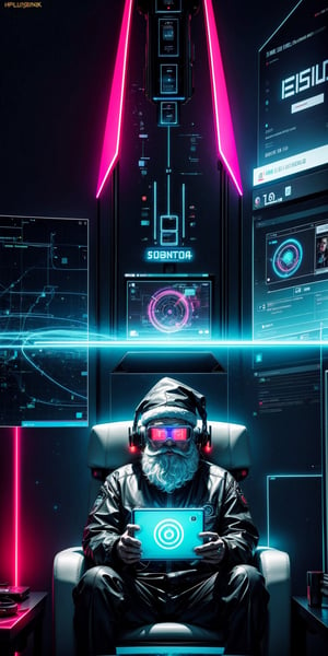 futuristic computer user interface, intense hacker Santa Claus sitting in front his hologram computer, floating infographic hologram, glowing holographic neural network, data network flowing, bokeh, bloom, bioluminescentdynamic pose,sci-fi goggles, earphone
, Sony Alpha ILCE α6400 + 35mm STM Lens, hyperrealistic photography, wide shot, , style of unsplash and National Geographic,Movie Still,EpicSky,cyberpunk style,neon photography style
