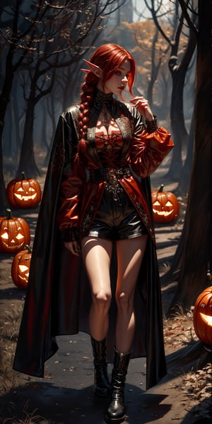masterpiece､ultra Detailed, hyper Quality, 
 female elf,  arcane symbols, runes, dark theme, flowing partially braided pale red hair, beautiful, handsome, padded leather clothing embroidered with runes, modest, leather rune embroidered boots,shorts,dynamic pose,forest,(jack-o'-lantern in hand),jack-o'-lantern,(upper body,)