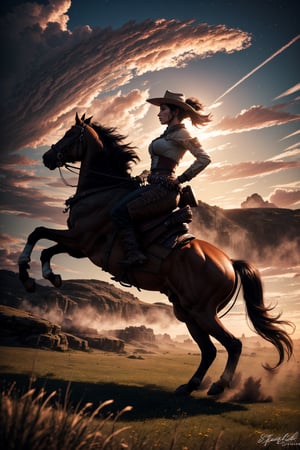 a visual stunning photo of a female cowboy riding a horse on hind legs on the prairie , centered, key visual, intricate, highly detailed, breathtaking beauty, precise lineart, vibrant, comprehensive cinematic, best best quality, ultra sharp focus, volumetric atmosphere, sunset, borderlands
