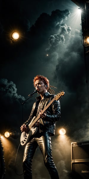photographic cinematic super super high detailed super realistic image, 4k HDR high quality image, masterpiece,8k , photorealistic,
1 man,red_hair/red_eyes,dreadlocks, black leather pants,black leather jacke,((Play the Bass Guitar)),dynamic pose,golden rays, embers of memories, colorful, glitter, (wide angle lens)
(outdoor concert),concert stage,midnight,cowboy shot,overlook view, front view, punk fashion