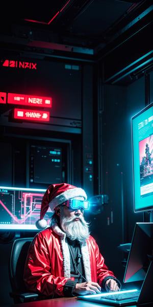 futuristic computer user interface, intense hacker Santa Claus sitting in front his hologram computer, red clothes,floating infographic hologram, glowing holographic neural network, data network flowing, bokeh, bloom, bioluminescentdynamic pose,sci-fi goggles, earphone
, Sony Alpha ILCE α6400 + 35mm STM Lens, hyperrealistic photography, wide shot, , style of unsplash and National Geographic,Movie Still,EpicSky,cyberpunk style,neon photography style
