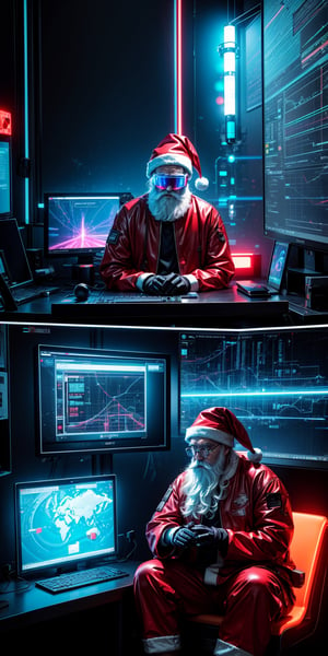 futuristic computer user interface, intense hacker Santa Claus sitting in front his hologram computer, red clothes,floating infographic hologram, glowing holographic neural network, data network flowing, bokeh, bloom, bioluminescentdynamic pose,sci-fi goggles, earphone
, Sony Alpha ILCE α6400 + 35mm STM Lens, hyperrealistic photography, wide shot, , style of unsplash and National Geographic,Movie Still,EpicSky,cyberpunk style,neon photography style
