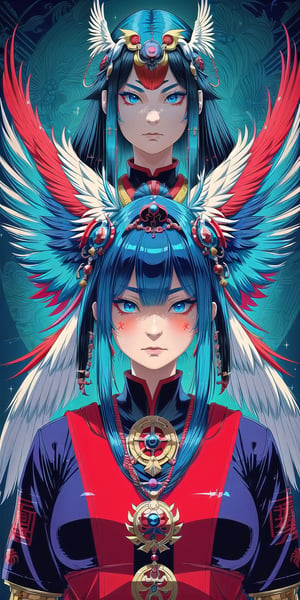 8k, best quality, (lifelike:1.4), original photo, 1 girl, Tengu hair, with long beak-like nose and feathered wings, wielding enchanted fan, posture: testing mortal resolve in trials of wisdom and skill, piercing blue eyes sparkling with mischief
