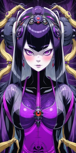 8k, best quality, (lifelike:1.4), original photo, 1 girl, Jorogumo hair, with spider-like limbs and silk-spinning abilities, concealed within elegant robes, posture: luring unsuspecting victims into web of deceit, hypnotic purple eyes gleaming with hunger
