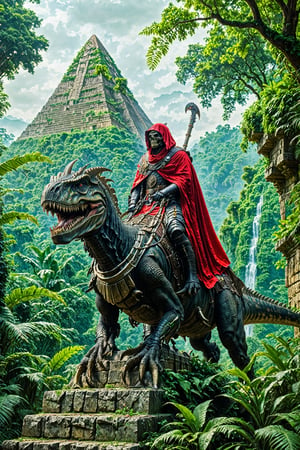 A grand, ancient temple or pyramid in the background, surrounded by lush greenery and dense foliage. In the foreground, a menacing-looking creature resembling a dinosaur, with sharp teeth and armored plates, stands on stone steps. Atop this creature is a figure draped in a red cloak and armor, wearing a skull-like helmet. The figure holds a large scythe, suggesting a grim reaper-like persona. The overall atmosphere of the image is mysterious and foreboding.