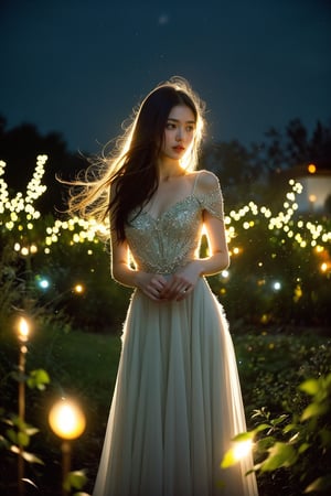 elegant evening gown, in a moonlit garden, glowing roses, magical, fantasy, dreamy. shallow depth of field, vignette, highly detailed, high budget, bokeh, cinemascope, moody, epic, gorgeous, film grain, grainy, cinematic film, alive.