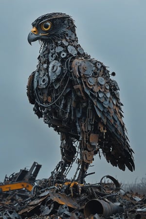 A towering, intricately constructed mechanical falcon standing atop a mound of discarded metal and debris. The falcon appears to be made of various metal parts, wires, and tools, giving it a skeletal and mechanical appearance. The background is overcast, adding a somber and post-apocalyptic feel to the scene.
