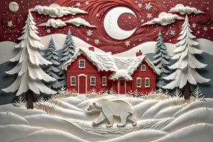 A picturesque winter scene. A red house with a snow-covered roof stands amidst a backdrop of white and gray pine trees. Above, a deep red sky is dotted with white clouds, and a swirling moon is visible. On the right side, a large, detailed white polar bear is depicted, walking on the snowy ground. The entire scene is layered with intricate paper cut-outs, giving it a three-dimensional feel.