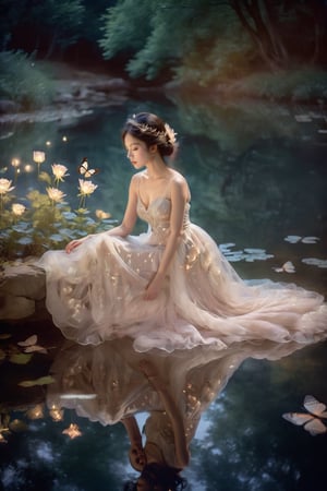 A pensive poetess, clad in garments of faded velvet, sits pensively beside a tranquil lake, her reflection mirrored in its still waters. Moonbeams cascade down upon her, illuminating the sorrow etched upon her face. Tender butterflies, symbols of transformation, flit around her, their graceful movements a poignant reminder of the beauty found in melancholy.