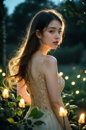 elegant evening gown, in a moonlit garden, glowing roses, magical, fantasy, dreamy. shallow depth of field, vignette, highly detailed, high budget, bokeh, cinemascope, moody, epic, gorgeous, film grain, grainy, cinematic film, alive.