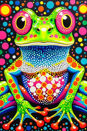 A vibrant and colorful representation of a frog. The frog's eyes are prominently large and circular, with a radiant pink hue surrounding them. The rest of the frog's face and body are covered in a dotted pattern, with colors ranging from green to blue. The background is filled with an array of multicolored circles, creating a lively and energetic atmosphere. The frog's limbs are also adorned with similar dotted patterns, and it appears to be sitting or resting against a dark background.