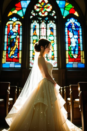 exquisite bridal gown, in an enchanted chapel, glowing stained glass windows, magical, fantasy, dreamy. shallow depth of field, vignette, highly detailed, high budget, bokeh, cinemascope, moody, epic, gorgeous, film grain, grainy, cinematic film, alive.