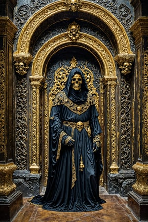 A mysterious figure draped in dark, ornate robes adorned with intricate golden embellishments. The figure's face is concealed by a hood, revealing only a skull. The setting appears to be an opulent room with vintage architectural details, including arched doorways, carved stone walls, and decorative skull motifs. The overall ambiance is eerie and regal, evoking a sense of the macabre blending with luxury.