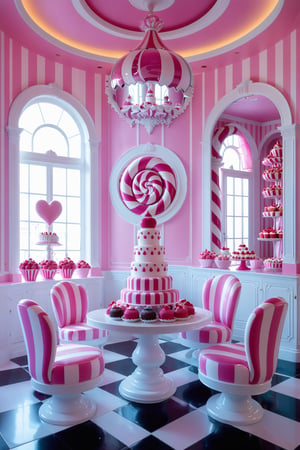 An intricately designed room with a whimsical, candy-themed aesthetic. Dominating the center is a multi-tiered cake stand, surrounded by pink and white striped chairs. The walls are adorned with vertical pink stripes, and there's a large mirror with a heart motif. On the left, there's a white cabinet displaying various pastries and desserts. Large arched windows allow natural light to flood in, illuminating the room's checkered black and white floor.
