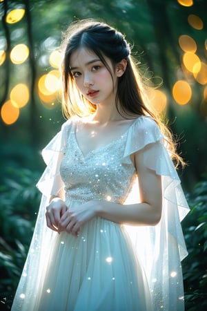 looking at viewer, lovely white dress,  in the woods, glowing ice star, magical, fantasy, dreamy, .shallow depth of field, vignette, highly detailed, high budget, bokeh, cinemascope, moody, epic, gorgeous, film grain, grainy, cinematic film, alive,