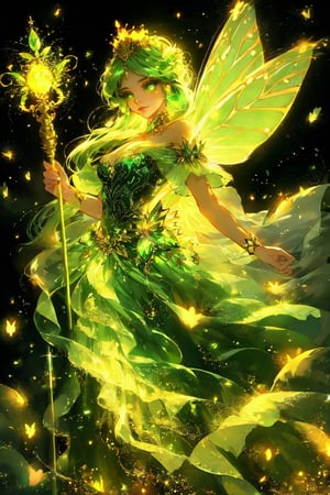 A fantastical character with luminescent green eyes, adorned with a crown of shimmering gems and leaves. She has butterfly-like wings emanating a radiant green glow. The character holds a slender staff with a glowing orb at its tip. Her attire is intricately designed with golden embellishments, and she is surrounded by a mesmerizing backdrop of twinkling lights and floating particles.