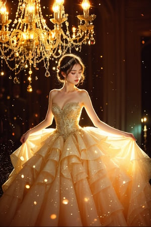 lavish rococo gown, at a grand masquerade ball, glowing chandeliers, magical, fantasy, dreamy. shallow depth of field, vignette, highly detailed, high budget, bokeh, cinemascope, moody, epic, gorgeous, film grain, grainy, cinematic film, alive.