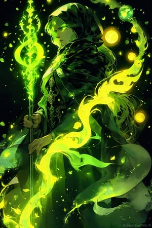 A mystical figure, possibly a wizard or sorcerer, cloaked in dark robes with glowing green eyes. This enigmatic being holds a staff adorned with radiant green symbols and emanates a luminous green aura. The background is a deep, dark forest with hints of green foliage, and the entire scene is illuminated by the ethereal glow of the character and the magical symbols on the staff.