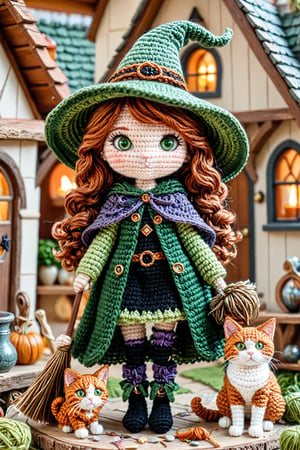 a charming young witch wearing a crocheted black hat and cape, green eyes, wavy auburn hair, holding a broomstick with a cat perched on it, inside a cozy cottage filled with potions and spellbooks, detailed environment, ultra sharp, crocheted