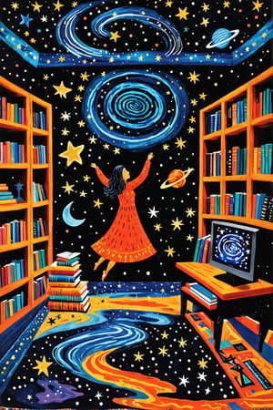 A vibrant and imaginative scene set within a room. On the left, there's a wooden bookshelf filled with colorful books. The central focus is a figure, possibly a woman, in a bright orange dress, dancing or floating amidst a cosmic backdrop. This backdrop is filled with swirling galaxies, stars, planets, and a few other celestial elements. On the right, there's a computer monitor displaying a starry night sky. The floor is adorned with a colorful rug, and the walls are painted in a deep black, contrasting with the bright and lively elements in the room.