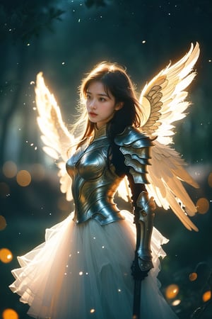 angelic warrior armor, in a celestial battlefield, glowing angelic wings, magical, fantasy, dreamy. shallow depth of field, vignette, highly detailed, high budget, bokeh, cinemascope, moody, epic, gorgeous, film grain, grainy, cinematic film, alive.