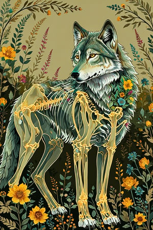 Wolf's Harmony: A serene illustration features a wolf's transparent skeletal structure delicately entwined with vibrant flora, set against a muted beige background. The wolf's fur blends seamlessly with the colorful flowers, while its piercing yellow eyes gaze calmly into the distance.