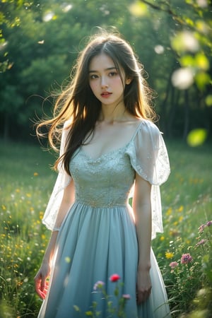 rustic country dress, in a picturesque meadow, glowing wildflowers, magical, fantasy, dreamy. shallow depth of field, vignette, highly detailed, high budget, bokeh, cinemascope, moody, epic, gorgeous, film grain, grainy, cinematic film, alive.