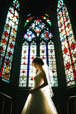 exquisite bridal gown, in an enchanted chapel, glowing stained glass windows, magical, fantasy, dreamy. shallow depth of field, vignette, highly detailed, high budget, bokeh, cinemascope, moody, epic, gorgeous, film grain, grainy, cinematic film, alive.