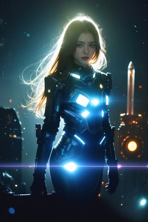 futuristic sci-fi outfit, in a space station, glowing holograms, magical, fantasy, dreamy. shallow depth of field, vignette, highly detailed, high budget, bokeh, cinemascope, moody, epic, gorgeous, film grain, grainy, cinematic film, alive.